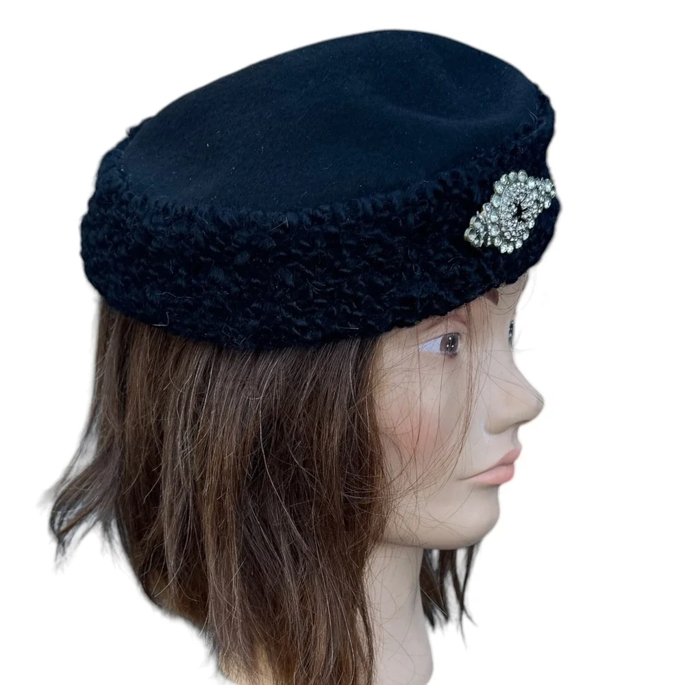 Vintage Black Pillbox Hat Rhinestone Brooch Faux Persian Lamb Trim Mid Century